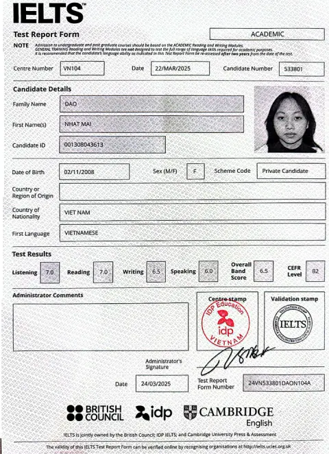 Chứng chỉ IELTS của Đào Nhật Mai (2008)