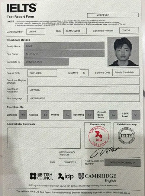 Chứng chỉ IELTS của Đinh Nhật Anh (2008)