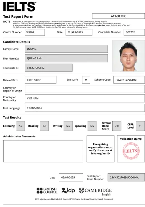 Chứng chỉ IELTS của Dương Quang Anh (2007)