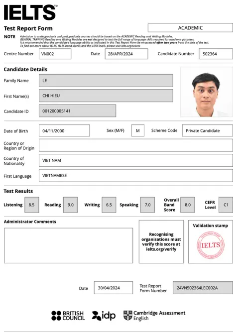 Chứng chỉ IELTS của Lê Chí Hiếu (2000)