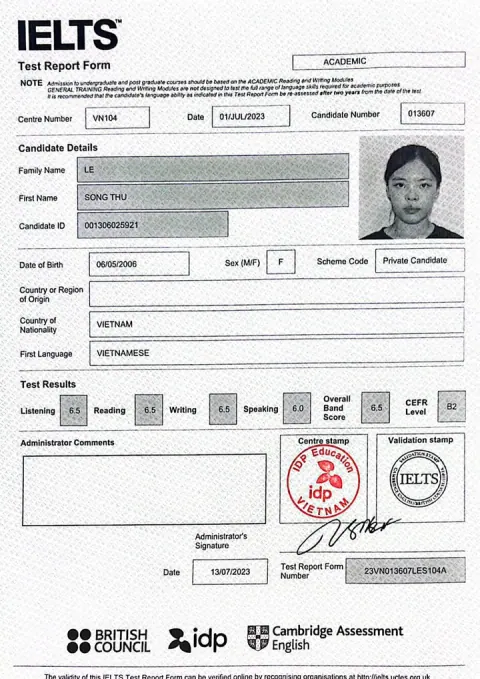 Chứng chỉ IELTS của Lê Song Thu (2006)