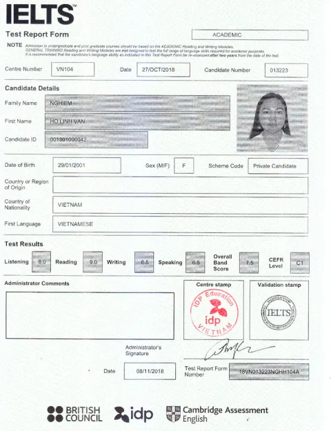 Chứng chỉ IELTS của Nghiêm Hồ Linh Vân (2001)