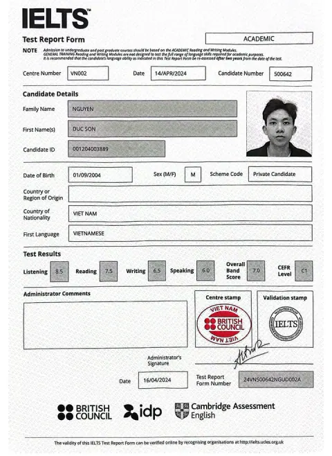 Chứng chỉ IELTS của Nguyễn Đức Sơn (2004)