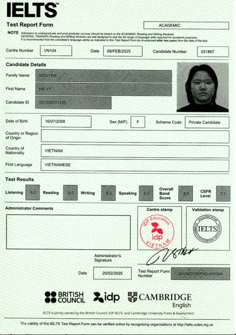 Chứng chỉ IELTS của Nguyễn Hà Vy (2008)