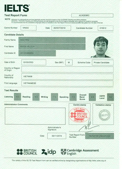 Chứng chỉ IELTS của Nguyễn Khoa Hải Duy (2003)