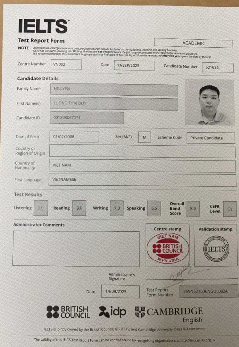 Chứng chỉ IELTS của Nguyễn Lương Thái Duy (2008)