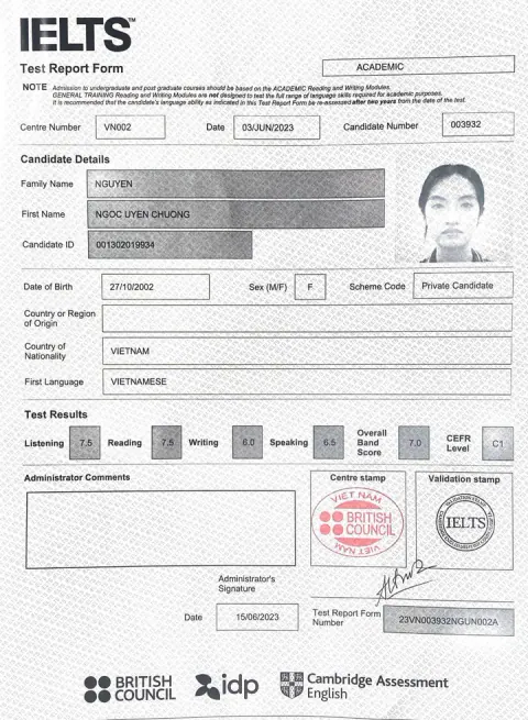 Chứng chỉ IELTS của Nguyễn Ngọc Uyên Chương (2002)