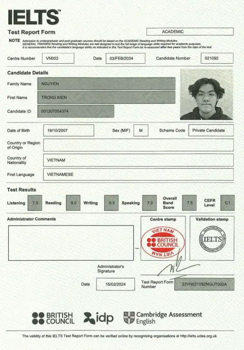 Chứng chỉ IELTS của Nguyễn Trọng Kiên (2007)