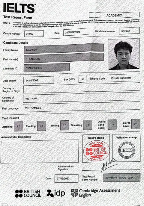 Chứng chỉ IELTS của Nguyễn Trung Đức (2006)