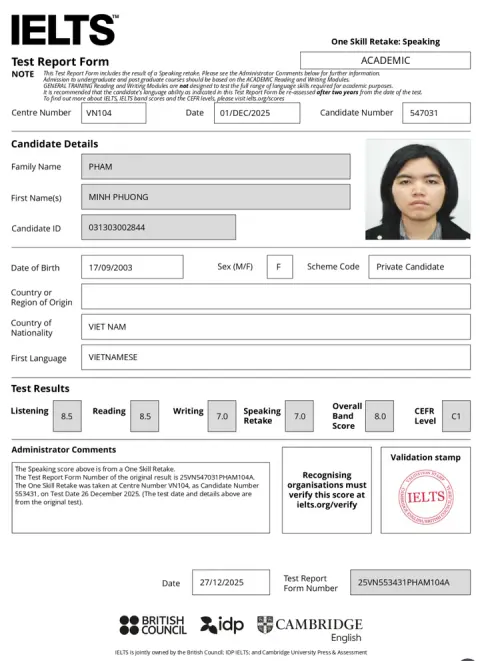 Chứng chỉ IELTS của Phạm Minh Phương (2003)