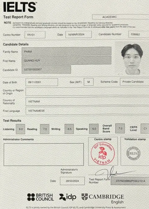Chứng chỉ IELTS của Phạm Quang Huy (2001)
