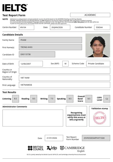 Chứng chỉ IELTS của Phạm Trọng Khôi (2007)