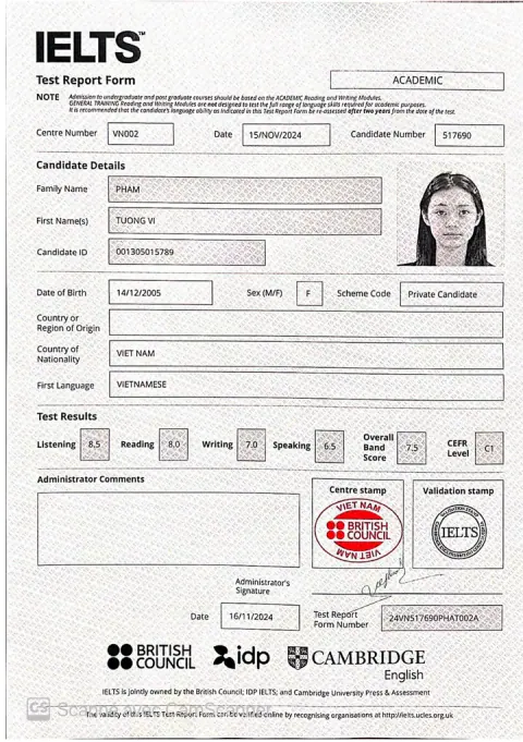 Chứng chỉ IELTS của Phạm Tường Vi (2005)