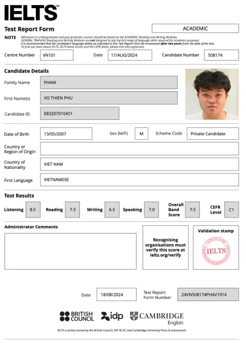 Chứng chỉ IELTS của Phạm Võ Thiên Phú (2007)