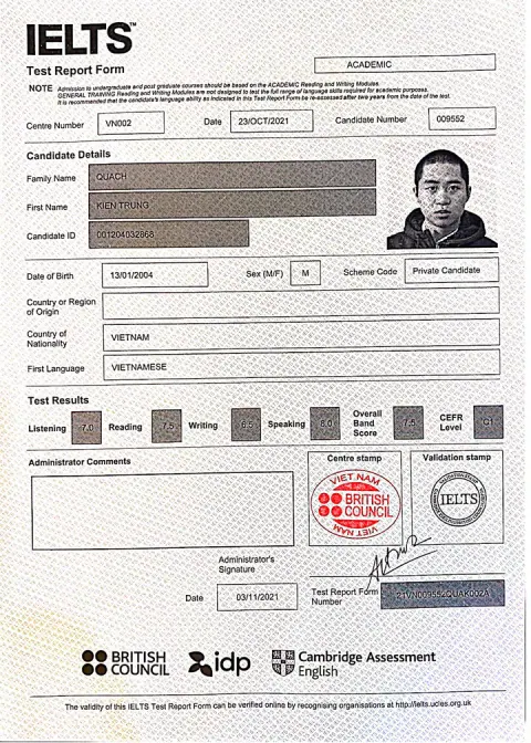 Chứng chỉ IELTS của Quách Trung Kiên (2004)