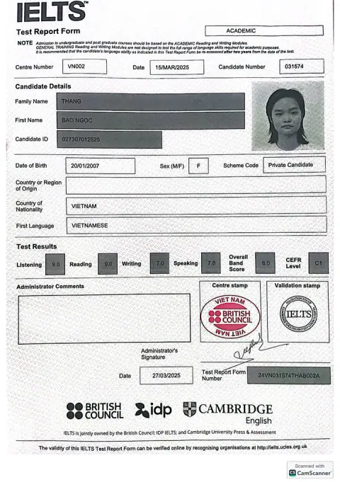 Chứng chỉ IELTS của Thăng Bảo Ngọc (2007)