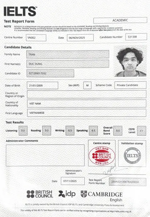 Chứng chỉ IELTS của Trần Đức Dũng (2009)