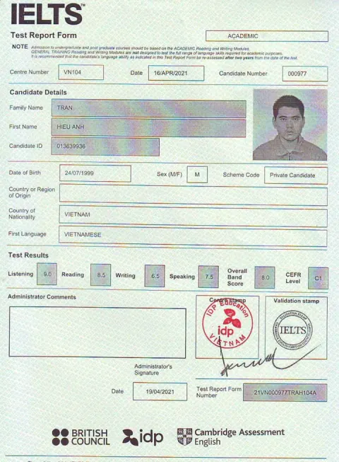 Chứng chỉ IELTS của Trần Hiếu Anh (1999)