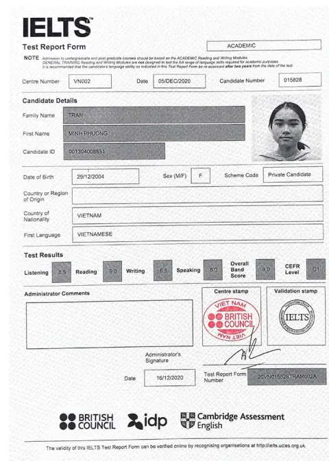 Chứng chỉ IELTS của Trần Minh Phương (2004)