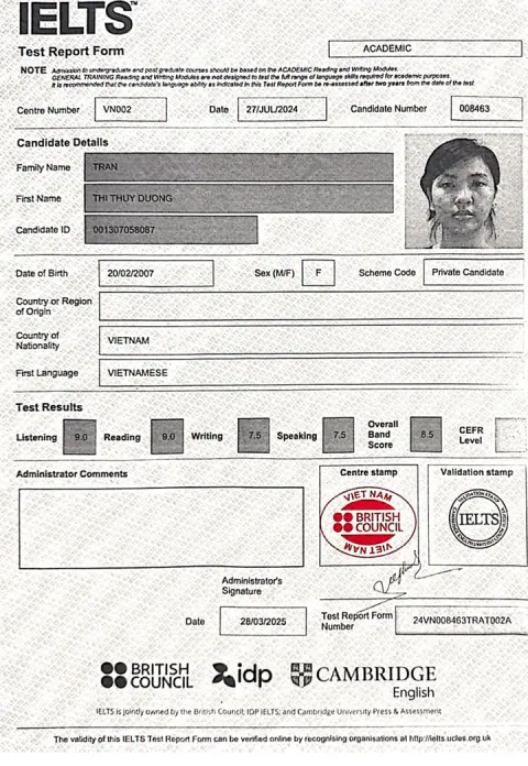 Chứng chỉ IELTS của Trần Thị Thuỳ Dương (2007)