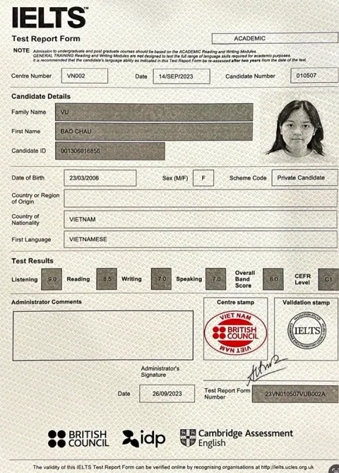 Chứng chỉ IELTS của Vũ Bảo Châu (2006)